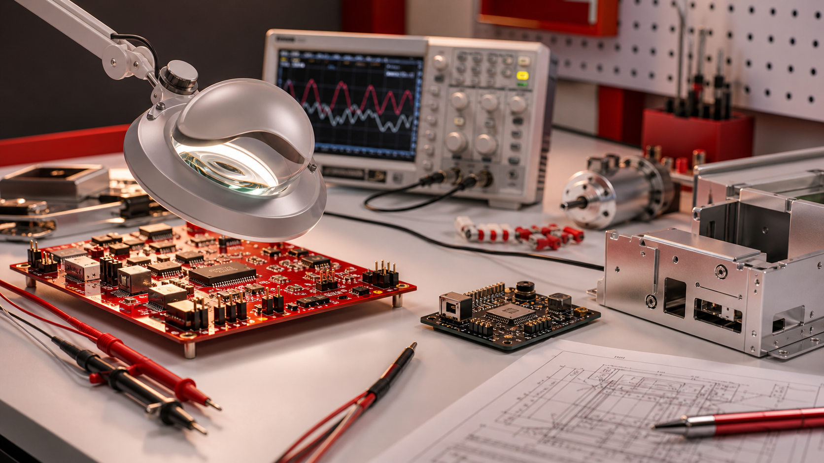 Workbench hardware solution dengan PCB dan alat pengujian